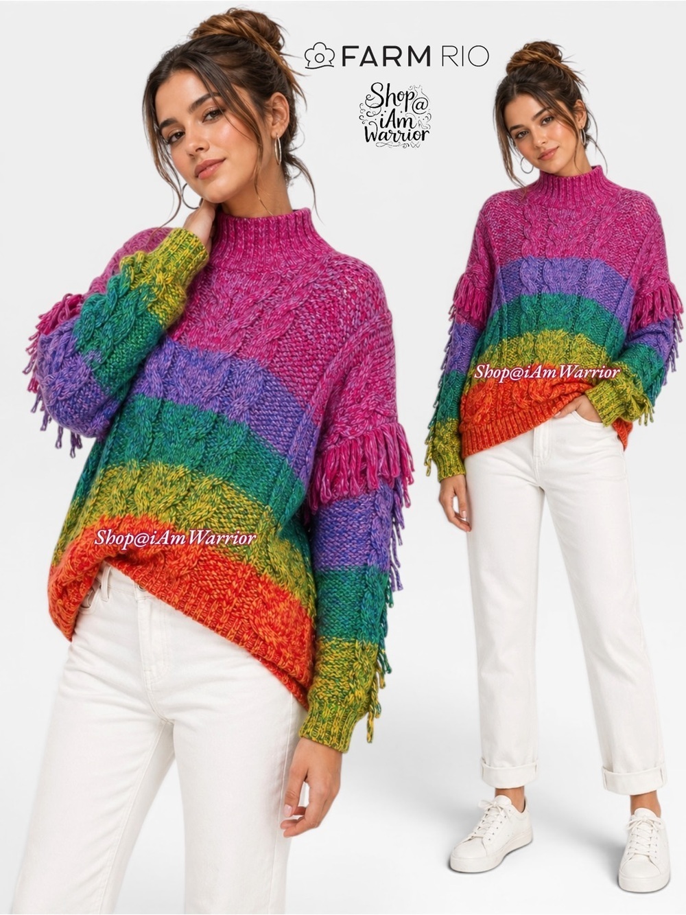 Farm Rio Rainbow Striped Looped Fringe Cotton Blend Pullover *Shop@Iamwarrior